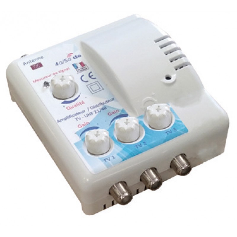 Amplificateur distributeur intrieur 3 sorties F UHF Tonna 402663 - Filtre LTE 700 4G 5G, Gain 22 x 3 dB, rglable avec mesureur LED