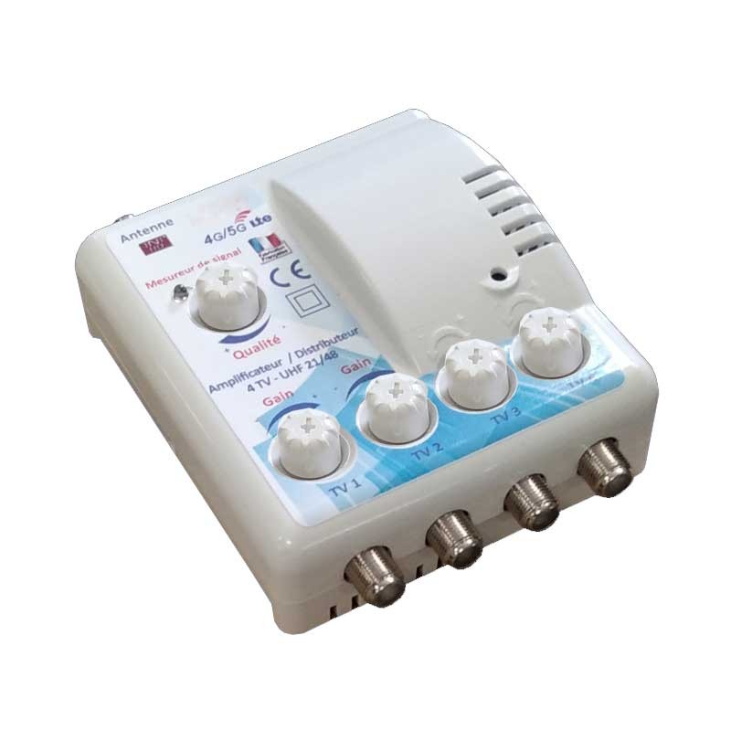 Amplificateur distributeur intrieur 4 sorties F UHF Tonna 402664 - Filtre LTE 700 4G 5G, Gain 22 x 4 dB, rglable avec mesureur LED