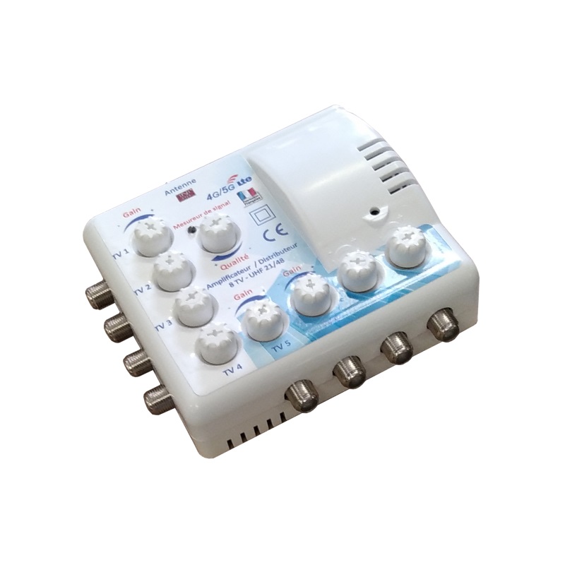 Amplificateur distributeur intrieur 8 sorties F UHF Tonna 402668 - Filtre LTE 700 4G 5G, Gain 16 x 8 dB, rglable avec mesureur LED