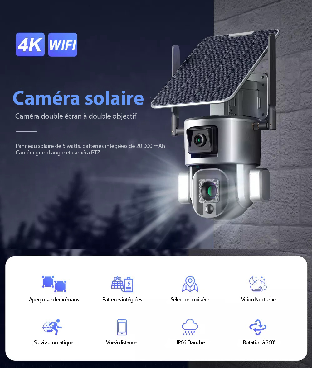 Camra Surveillance Scurit Solaire Sans fil Extrieure 4K 8MP WIFI 360 Double Objectif Zoom Optique 10X Dtection mouvement