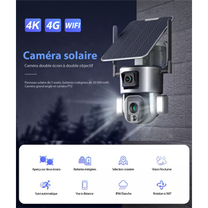 Camra Surveillance Scurit Solaire Sans fil Extrieure 4K 8MP 4G WIFI 360 Double Objectif Zoom Optique 10X Dtection mouvement