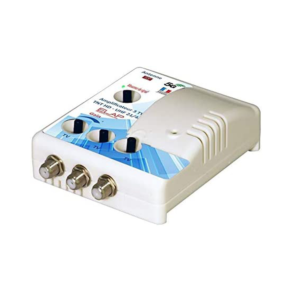 Amplificateur Distributeur dintrieur 3 sorties TV TNT UHF Elap 372013 - Gain 25dB, Filtre 4G LTE 700 MHz, 5G, 12V, Rglage de gain