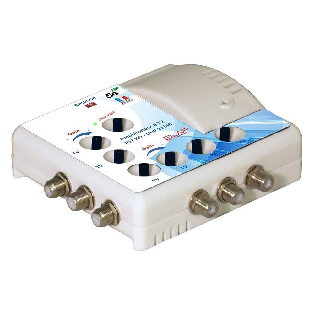 Amplificateur Distributeur dIntrieur 6 sorties TV TNT UHF Elap 372016 - Gain 21dB, Filtre 4G LTE 700 MHz, 5G, 12V, Rglage de gain