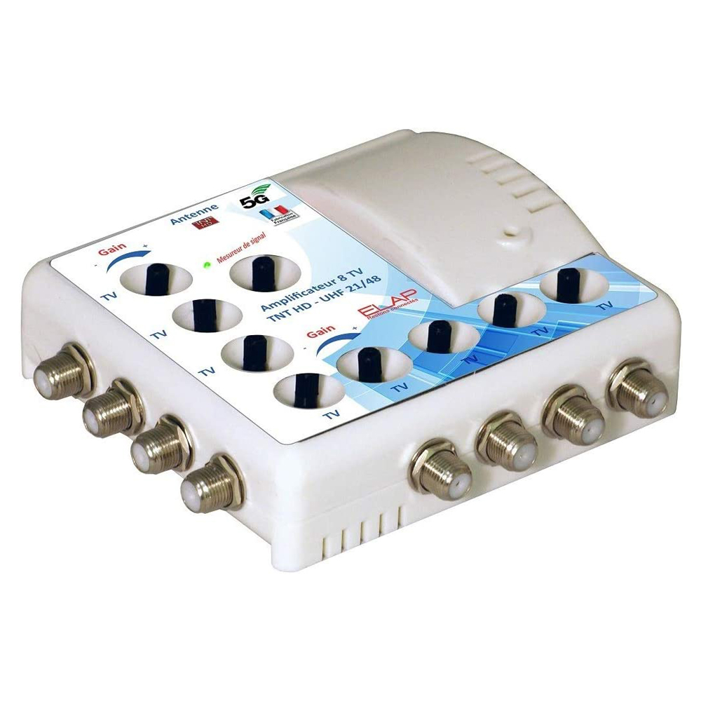Amplificateur Distributeur dIntrieur 8 sorties TV TNT UHF Elap 372018 - Gain 19dB, Filtre 4G LTE 700 MHz, 5G, 12V, Rglage de gain