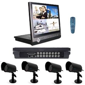 Kit 4 Cameras couleur CCD + DVR enregistreur numerique autonome a 4 canaux avec �cran 15 couleur incorpor� FLATBOX  