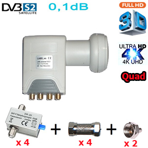 Kit LNB Quad 0,1 dB HDG2-QDNM - Compatible HDTV et 3D ready - 40mm + 4 attnuateurs rglables 0-20dB - 4 raccords F mle/mle et 2 charges F 75 Ohms - 1 an garantie