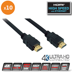 Lot de 10 Cordons HDMI mle/mle - Norme 2.0 HighSpeed - Plaqu or - Ultra HD 2K/4K - 1 m