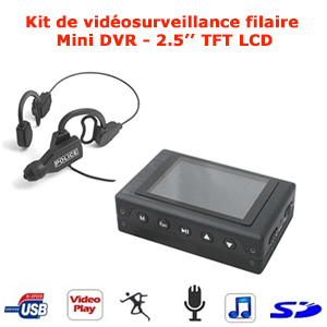 Kit de vidosurveillance filaire couleur CCD 1/4" type serre tte avec mini DVR portable - cran TFT LCD 2.5" - Mmoire SD jusqu 32 Go