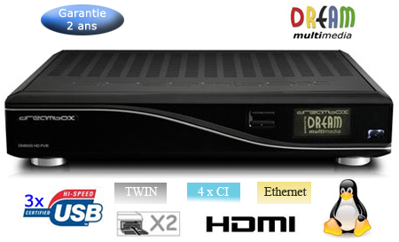 Dreambox 8000 HD PVR - Terminal numérique HD, Linux, Twin Tuner, 4 CI, 2 Lecteurs de carte, 3 USB, Ethernet + Cordon HDMI offert