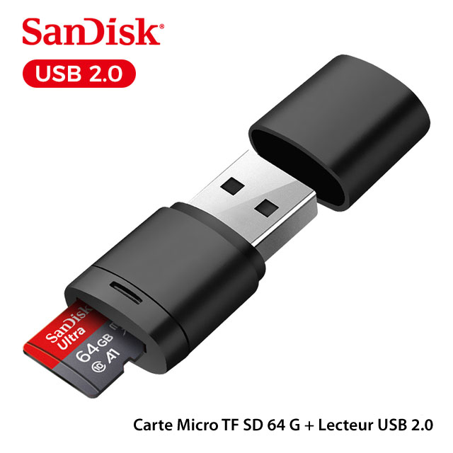 Carte Micro TF SD classe 10 SanDisk 64 G + Lecteur USB 2.0 - originale, carte mémoire pour Smartphone Tablette Caméra Surveillance