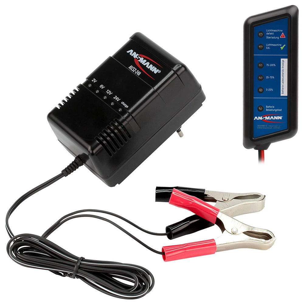Chargeur automatique pour batteries au plomb ANSMANN ALCS 2-24A 2V 6V 12V 24V + pinces crocodile + Testeur de batterie de voiture
