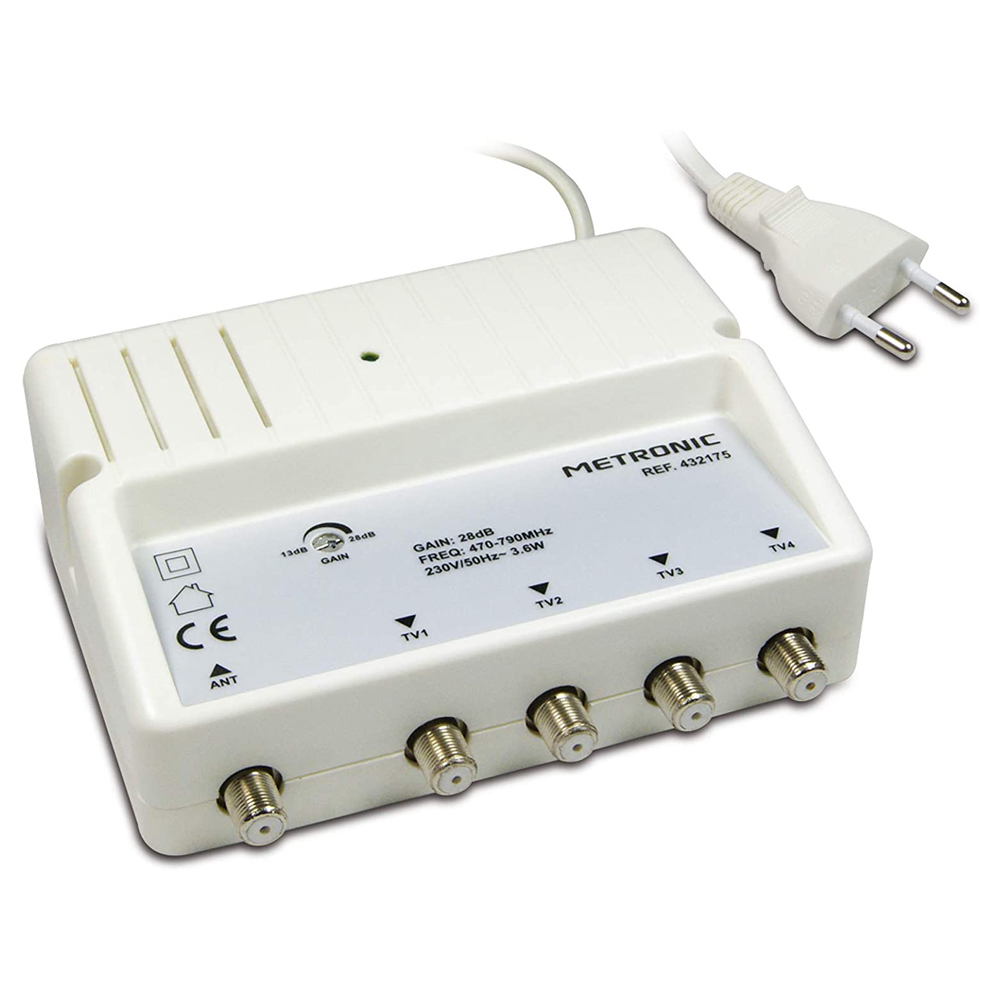 Amplificateur Répartiteur Blindé Réglage de Gain 4 Sorties Fiche F Metronic 432175 Blanc - Gain 28 dB, Fréquence 470-790 MHz