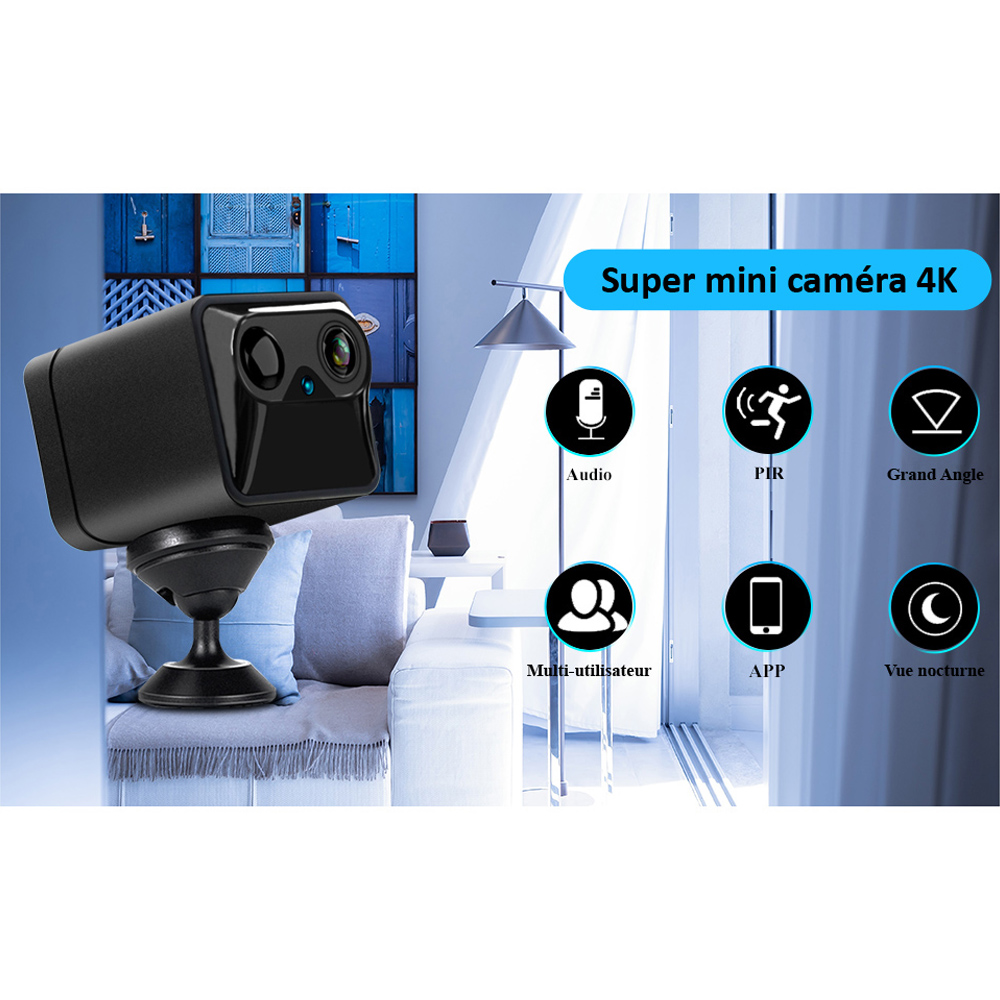 Mini Caméra de Surveillance Portable Sans Fil 4K Full HD WiFi OX-MINI - Vision Nocturne Audio Bidirectionnelle, PIR, Notification App