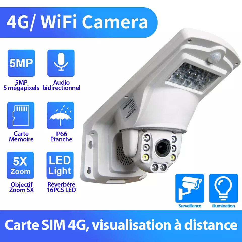 Camra WiFi 4G rverbre PTZ IP sans fil 5MP 1920P 2560P Extrieur Sony IMX335 5X Zoom Optique Voix Bidirectionnelle Vision Nocturne