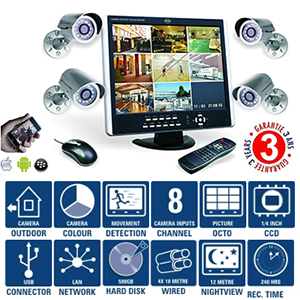 Kit surveillance couleur complet - cran TFT 15 (38cm) + DVR intgr avec 8 canaux dentre (HDD 500 Go) + 4 camras CCD 1/4 couleur filaire dextrieur IP66