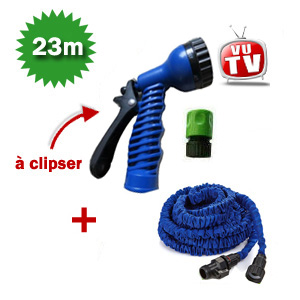 Tuyau darrosage extensible 8m tirable jusqu 23m avec raccord euro gardena + pistolet darrosage 7 jets diffrents  clipser