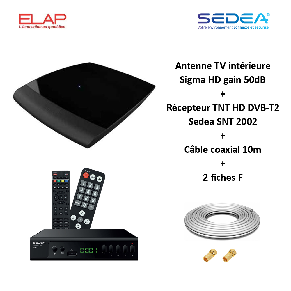 Antenne TV intrieure Sigma HD, UHF 470-790, gain 50dB ELAP + Rcepteur TNT HD DVB-T2 Sedea SNT 2002 + Cable coax 10m + 2 fiches F
