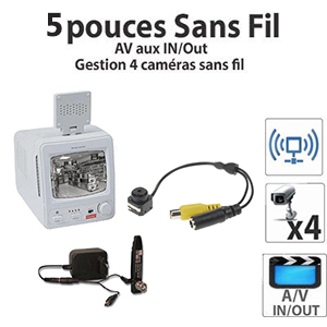 Kit surveillance N/B - Camra N/B ultraminiature CMOS 1/4" - Angle de vue 52 - avec adaptateur rseau + Emetteur A/V + Moniteur sans fil 5" jusqu 4 camras