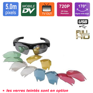 Lunette de soleil avec camra cache couleur HD 720p et DVR - 5 mgapixels - grand angle 170 - Jusqu 32 Go