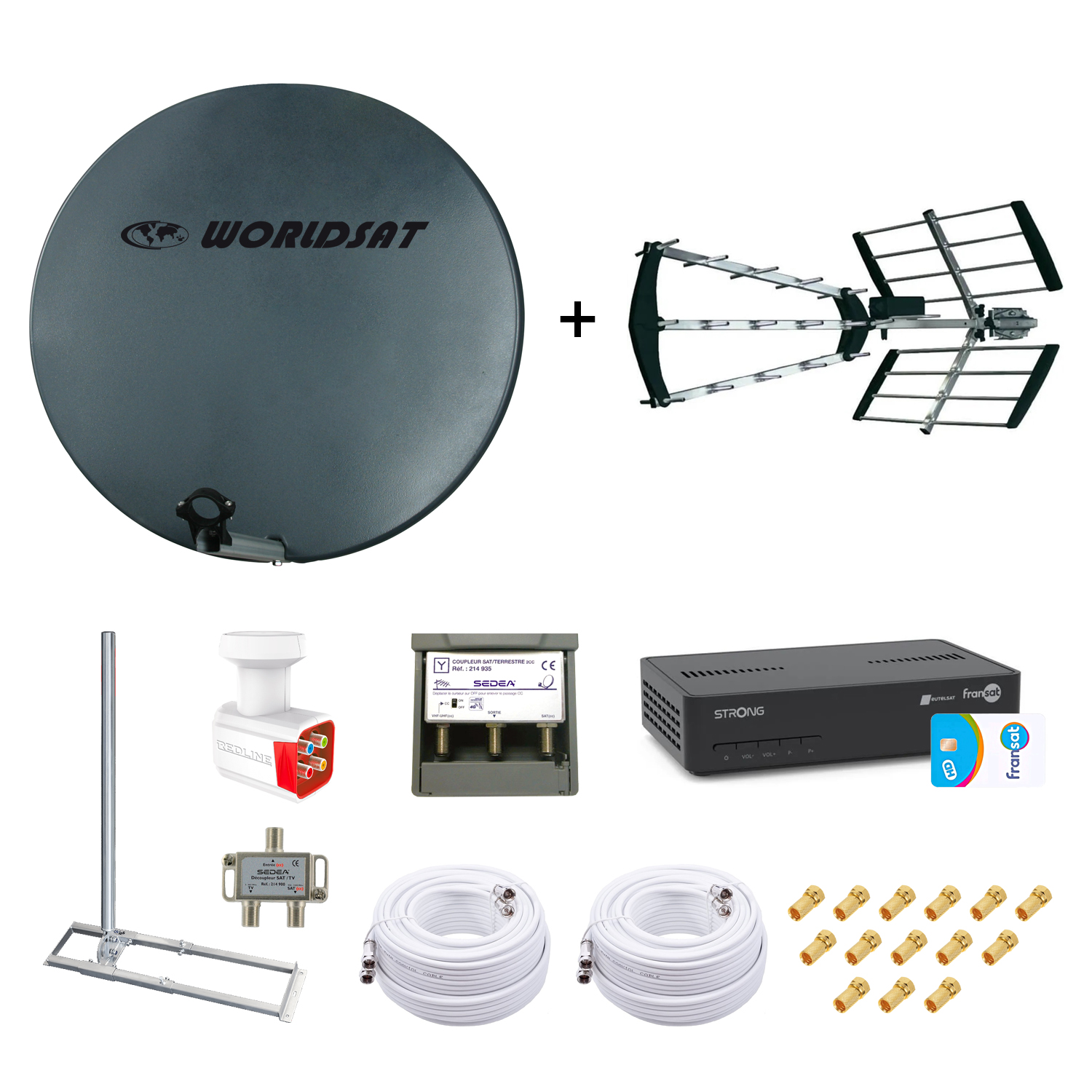 Kit Parabole Fibre 75cm + Antenne TNT + Support Toit + LNB Quad + Coupleur SAT TV + Dcodeur Fransat + 2 Cbles Twin 25m + 14 Fiches