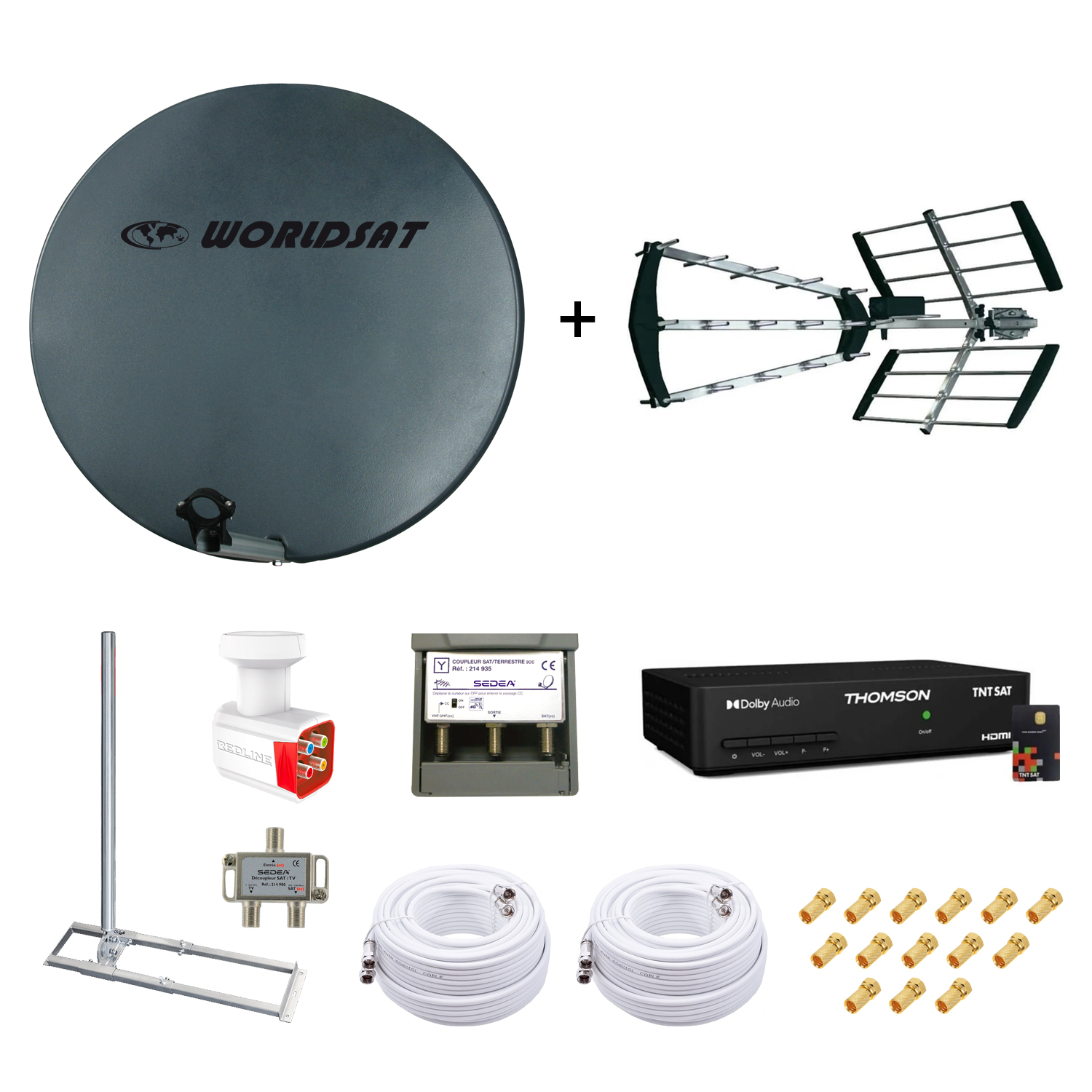 Kit Parabole Fibre 75cm + Antenne TNT + Support Toit + LNB Quad + Coupleur SAT TV + Dcodeur TNTSAT + 2 Cbles Twin 25m + 14 Fiches F