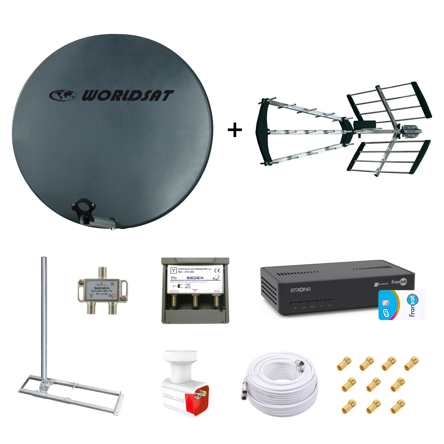 Kit Parabole Fibre 75cm + Antenne TNT + Support Toit + LNB Twin + Coupleur SAT TV + Dcodeur Fransat + Cble Twin 25m + 10 Fiches F