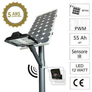 Lampadaire solaire 80W avec lampe LED 12W et un capteur IR - 4.5m