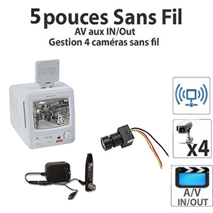 Kit surveillance N/B - Camra N/B miniature CMOS 1/4" - Angle de vue 92 + Emetteur A/V + Moniteur sans fil 5" jusqu 4 camras