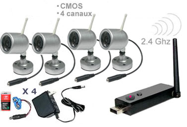 Kit 4 caméras couleur sans fil CMOS 1/3’’ - 380 lignes TV - 2.4Ghz - IR + Mini récepteur DVR USB