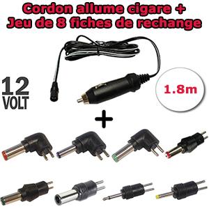 Cordon allume cigare 1.8 m mle pour camping car + Jeu de 8 fiches de rechange