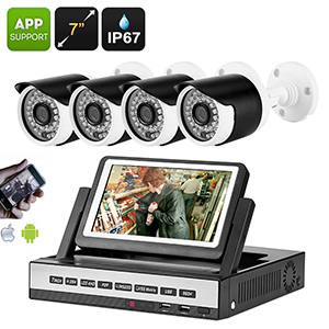 Kit 4 camras filaire 720p tanche IP67 + Enregistreur DVR - 4 canaux avec cran LCD 7