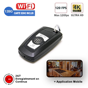 Mini Camra Cache Espion Cl de Voiture WIFI Ultra HD 4K 2160p MP4 2h30 Autonomie Angle 90 + Micro SD 128Go + Appli iOS Android