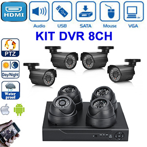 Kit 8 camras - 4 camras intrieurs CMOS 1/4" + 4 camras extrieurs CMOS 1/4" - IR LED 24 + DVR 8 cannaux H.264 - HDMI - PTZ - Compatible 3G - disque dur SATA jusqu 2To (en option)