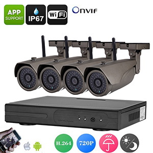 Kit 4 camras IP sans fil 720p tanche IP67 + Enregistreur NVR sans fil - 4 canaux - Vision nocturne jusqu 15m - H.264 - Angle de vision 90 - Compatible Android et iOS - 3G - Ecran LCD en option