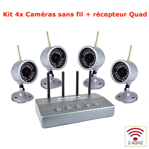 Kit Video Surveillance Sans Fil : 4 Caméras Infrarouges + récepteur 4 canaux Quadravision