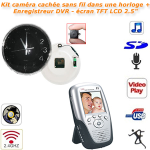 Kit Camra cache sans fil couleur dans une horloge murale + Enregistreur DVR portable sans fil 2.4GHz - cran TFT LCD 2.5" - 4 canaux