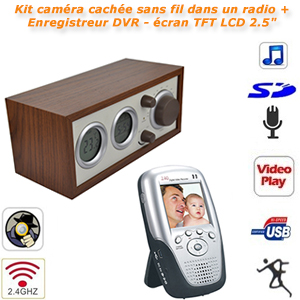 Kit camra cache sans fil dans un radio + Enregistreur DVR portable sans fil 2.4GHz - cran TFT LCD 2.5" - 4 canaux