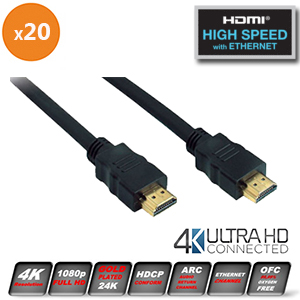 Lot de 20 Cordons HDMI mâle/mâle - Norme 2.0 HighSpeed - Plaqué or - Ultra HD 2K/4K - 1 m