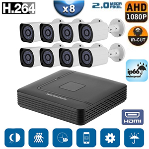 Pack de 8 camras filaire  1080p tanche IP66 + Enregistreur DVR - 8 canaux - Vision nocturne jusqu 20m - H.264 - Angle de vision 75 - HDMI - 5 modes denregistrement