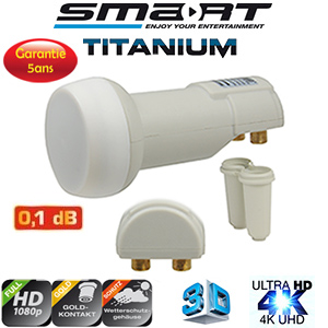 LNB Twin 0,1 dB Smart Titanium Eco - Compatible HDTV 3D et 4K - 40mm - Contact plaqué or - 5 ans de garantie