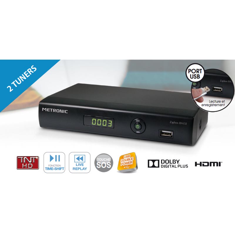 Dcodeur Double tuner Adaptateur TNT HD Metronic ZAPBOX EH-D2 - Fonction TimeShift, Enregistreur USB, Live Replay Lecteur Multimdia