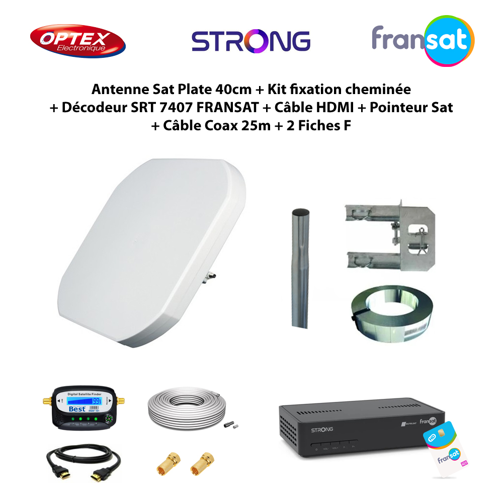 Antenne Sat Plate 40cm + Kit fixation chemine + Dcodeur SRT 7407 FRANSAT + Cble HDMI + Pointeur Sat + Cble Coax 25m + 2 Fiches F