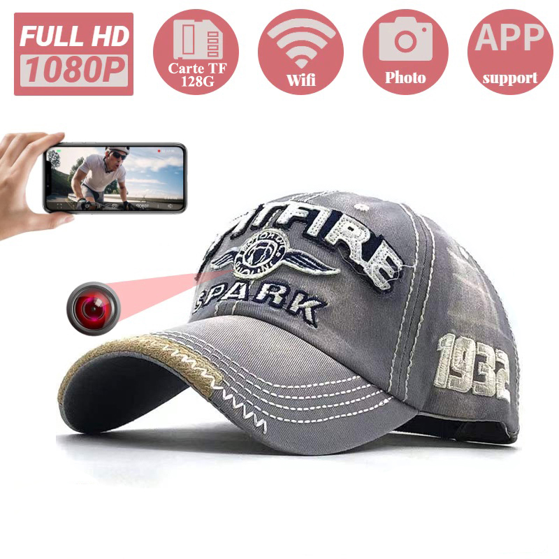 Mini camra HD 1080P Casquette Gris Chapeau WIFI Support de Tlphone Portable Visionnage  distance Vision nocturne Sport Plein air