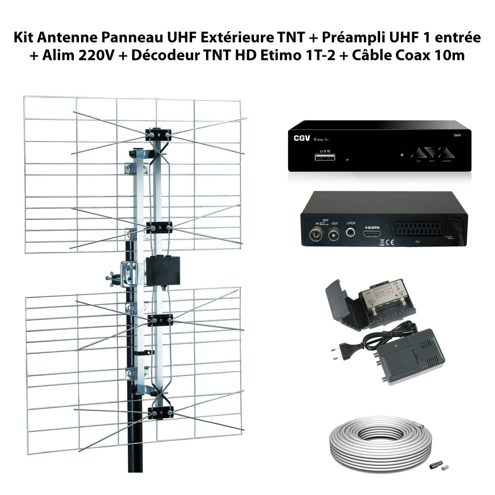 Kit Antenne Panneau UHF Extérieure TNT + Préampli UHF Réglable 1 entrée + Alim 220V + Décodeur TNT HD Etimo 1T-2 + Câble Coax 10m