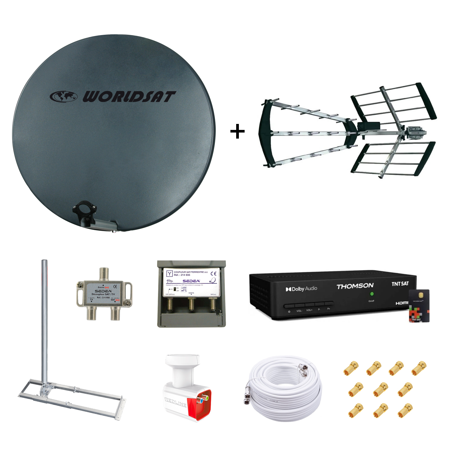 Kit Parabole Fibre 75cm + Antenne TNT + Support Toit + LNB Twin + Coupleur SAT TV + Dcodeur TNTSAT + Cble Twin 25m + 10 Fiches F